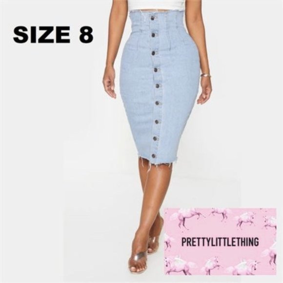 PrettyLittleThing Dresses & Skirts - PrettyLittleThing,Button Front Seam Detail Denim Midi Skirt-Light Blue. Size:8US